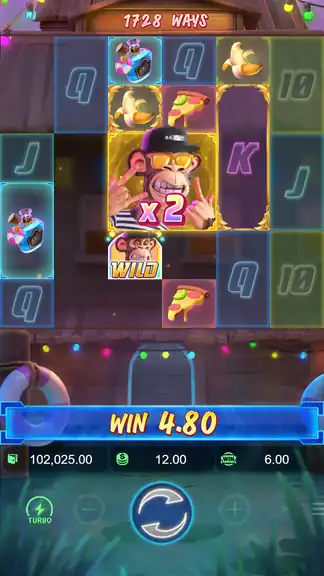 Wild Ape #3258 session checkpoint spin 385 - Wild Bored Ape at x2, WIN 4.80, balance $102,025.00