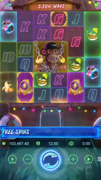 Wild Ape #3258 session checkpoint spin 1604 - FREE SPINS banner, balance $103,467.40 at $12.00 bet