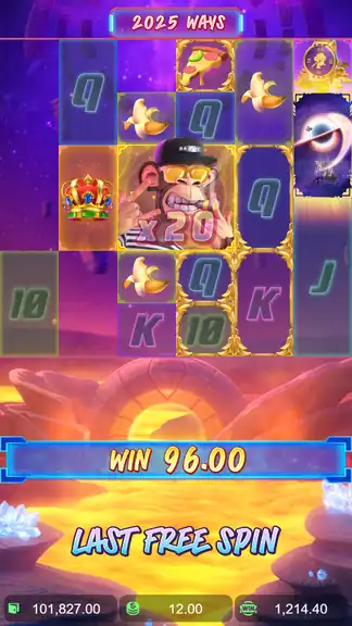 Wild Bored Ape at x20 on the last free spin of the best bonus round; WIN 96.00, total win 1,214.40 on screen