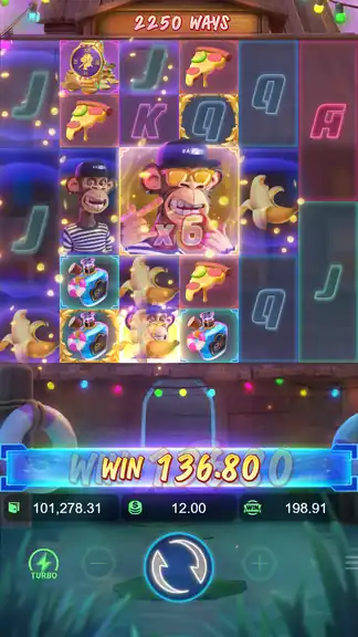 Wild Bored Ape at x6 multiplier during the 80x base game spin, WIN 136.80 visible; balance 101,278.31 at $12.00 bet